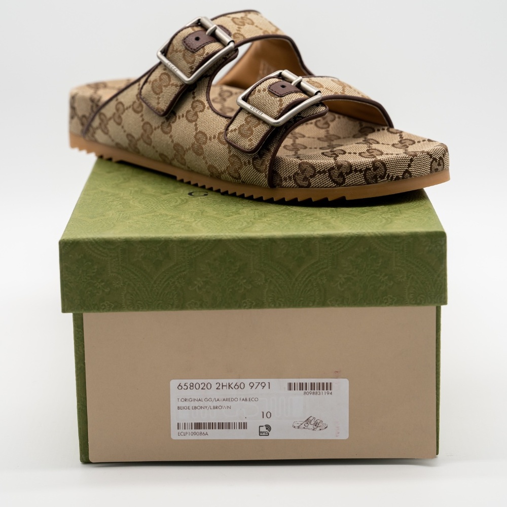 size 10G 10.5 US Gucci GG Canvas Slide Sandals Straps Beige Ebony GG Brown - Picture 10 of 11